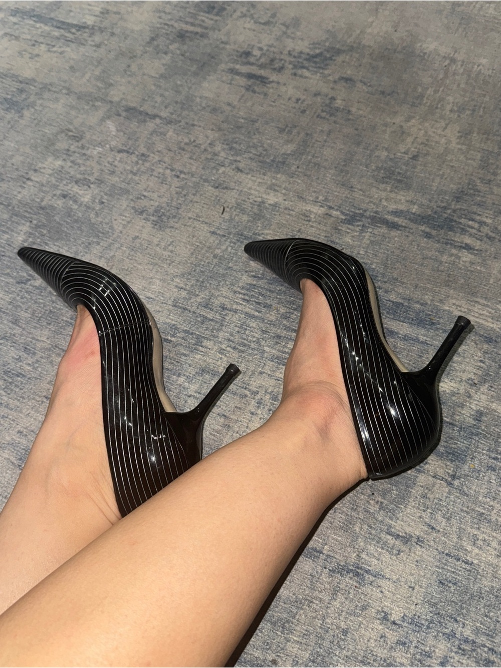 Black Striped Pointed Toe Stiletto Heels
